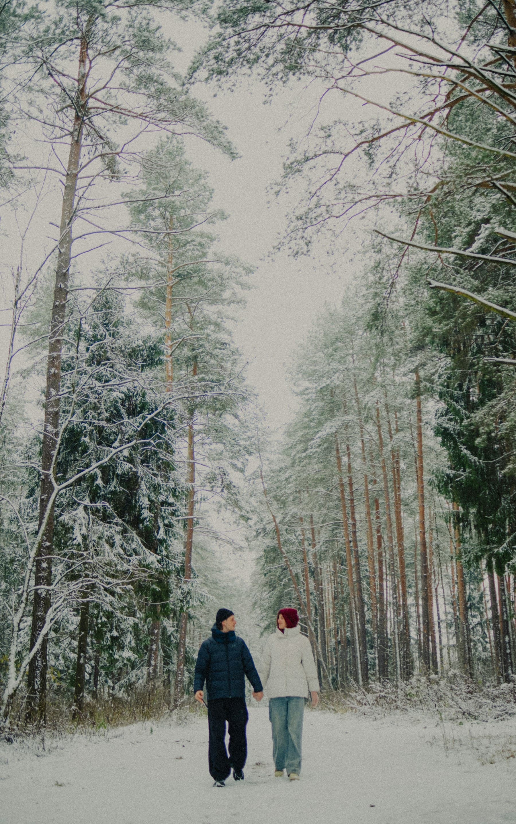 A couple walking through a snowy forest